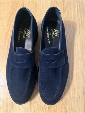 George Cleverley for Thom Sweeney Navy Suede Penny Loafers with Apron Stitching